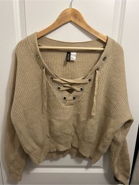 H&M Lace-Up V-Neck Knit Sweater - Tan